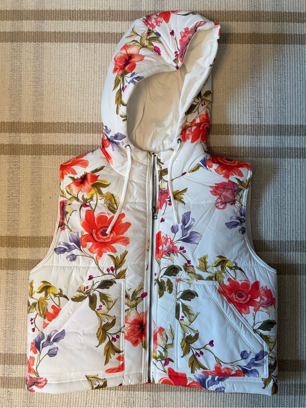 Floral Hooded Puffer Vest - White with Red & Purple Flowers